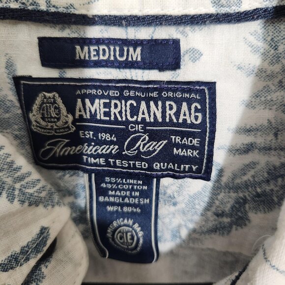 American Rag Shirt Mens Medium White Blue Button Up Short Sleeve Linen Blend - Picture 5 of 16